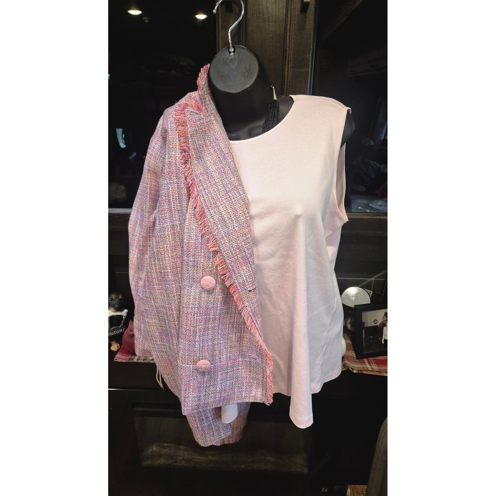 Tweed Fringe Blazer & Pink Tank Set‎ Chic Workwear Outfit Multicolor Jacket 12 - Picture 13 of 17